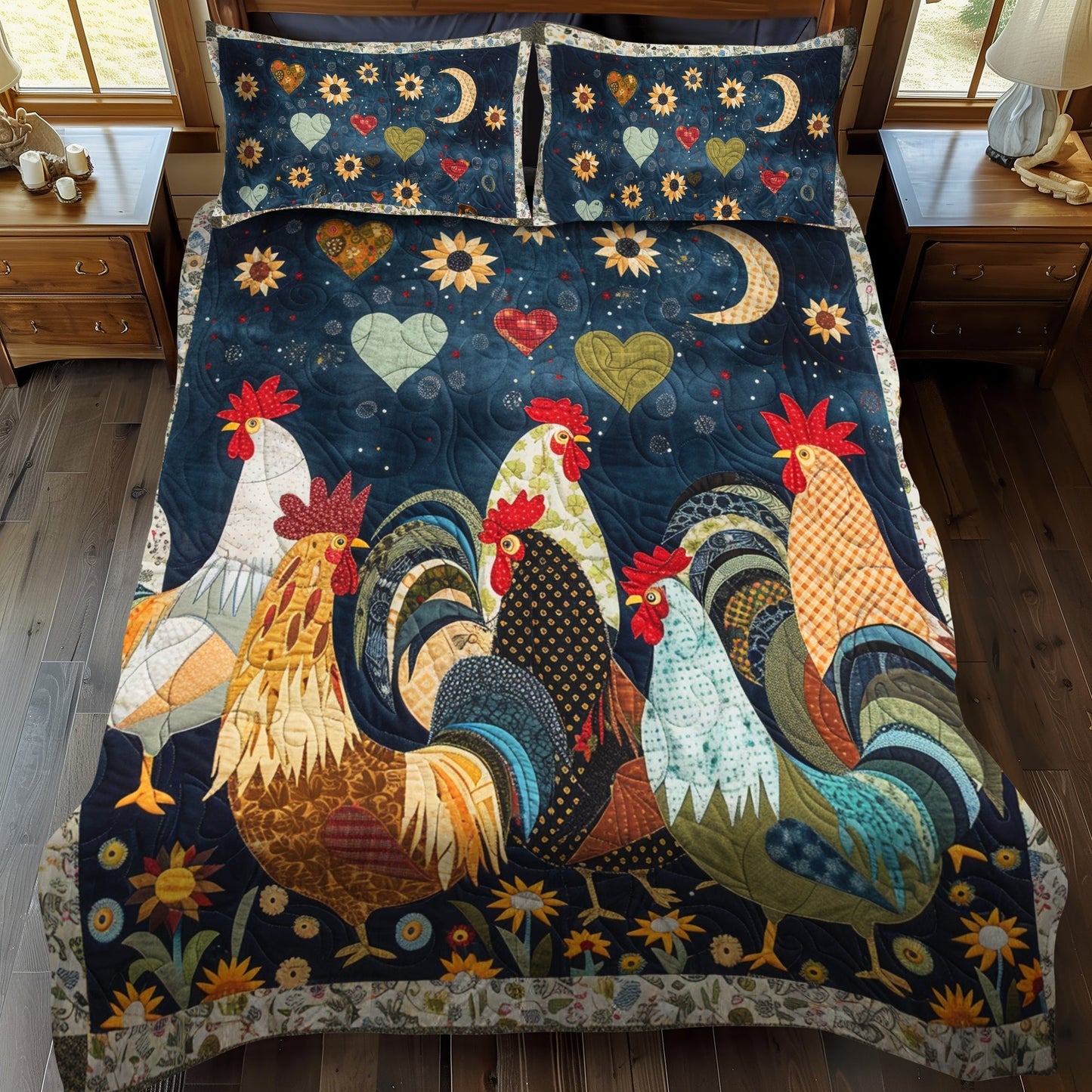 Night Roosters 3-Piece Quilted Bedding Set - Single (59" x 70")