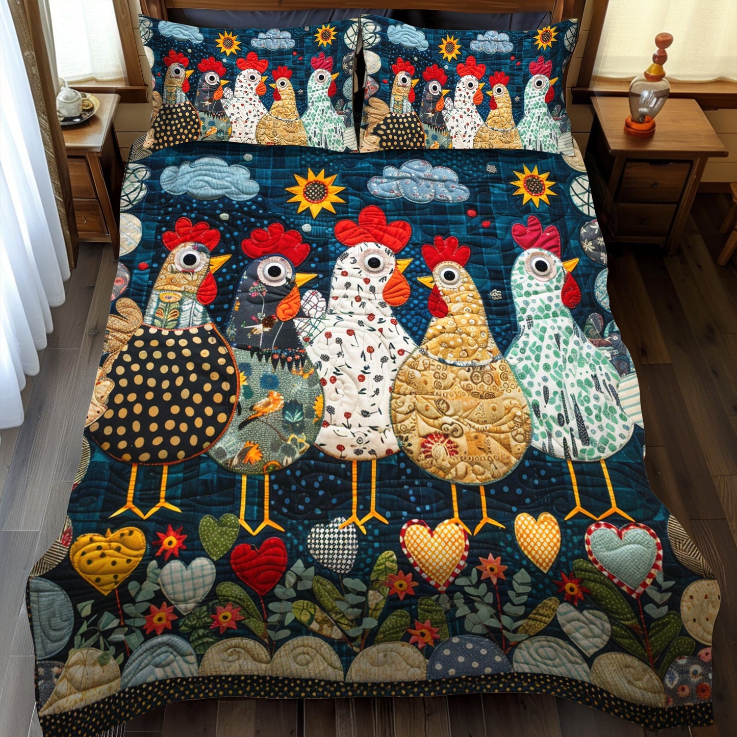 Nighttime Hens 3-Piece Quilted Bedding Set - Single (59" x 70")