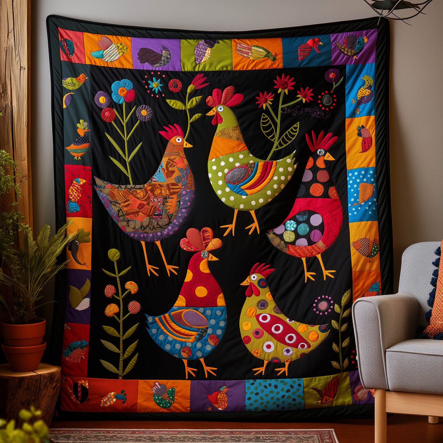 Nocturnal Bloom Chicken Quilted Blanket - Throw (55" x 60")