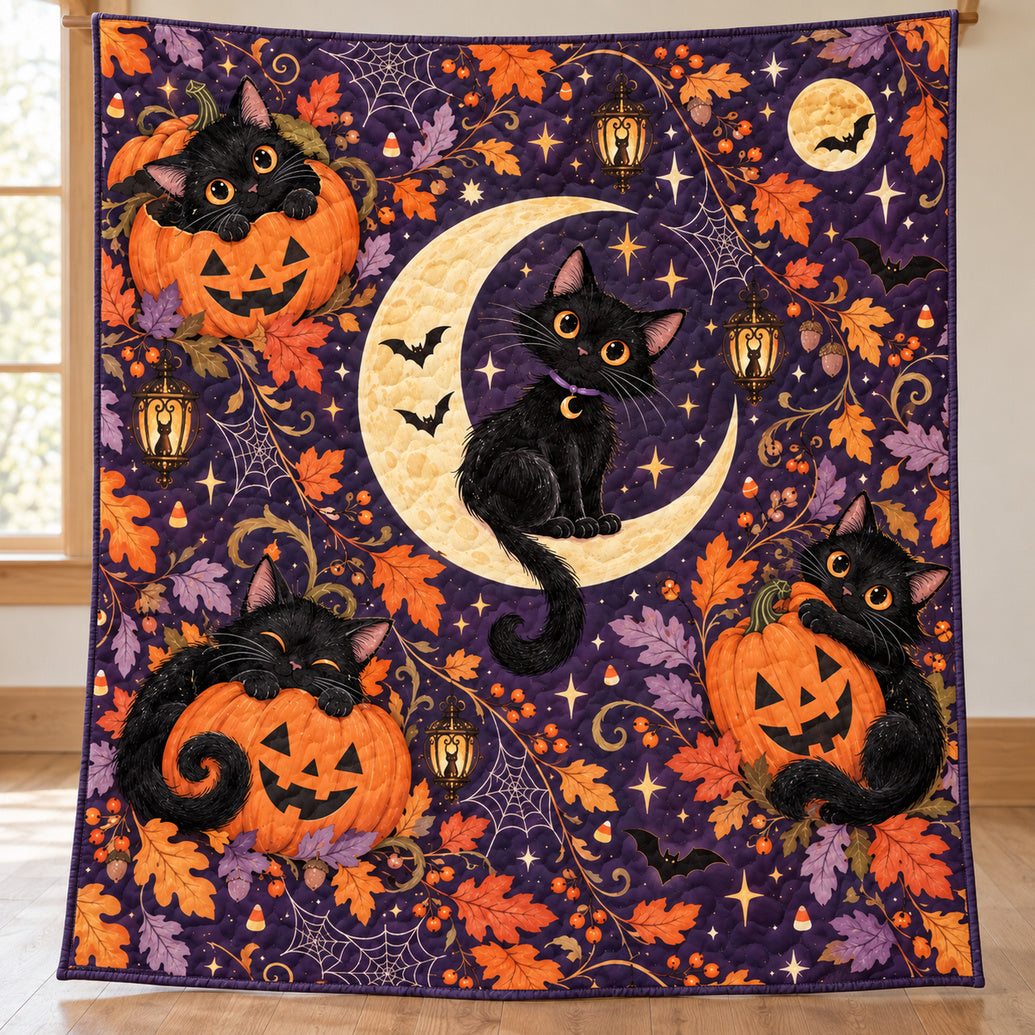 Black Cat Pumpkin Moon Parade Quilt Blanket