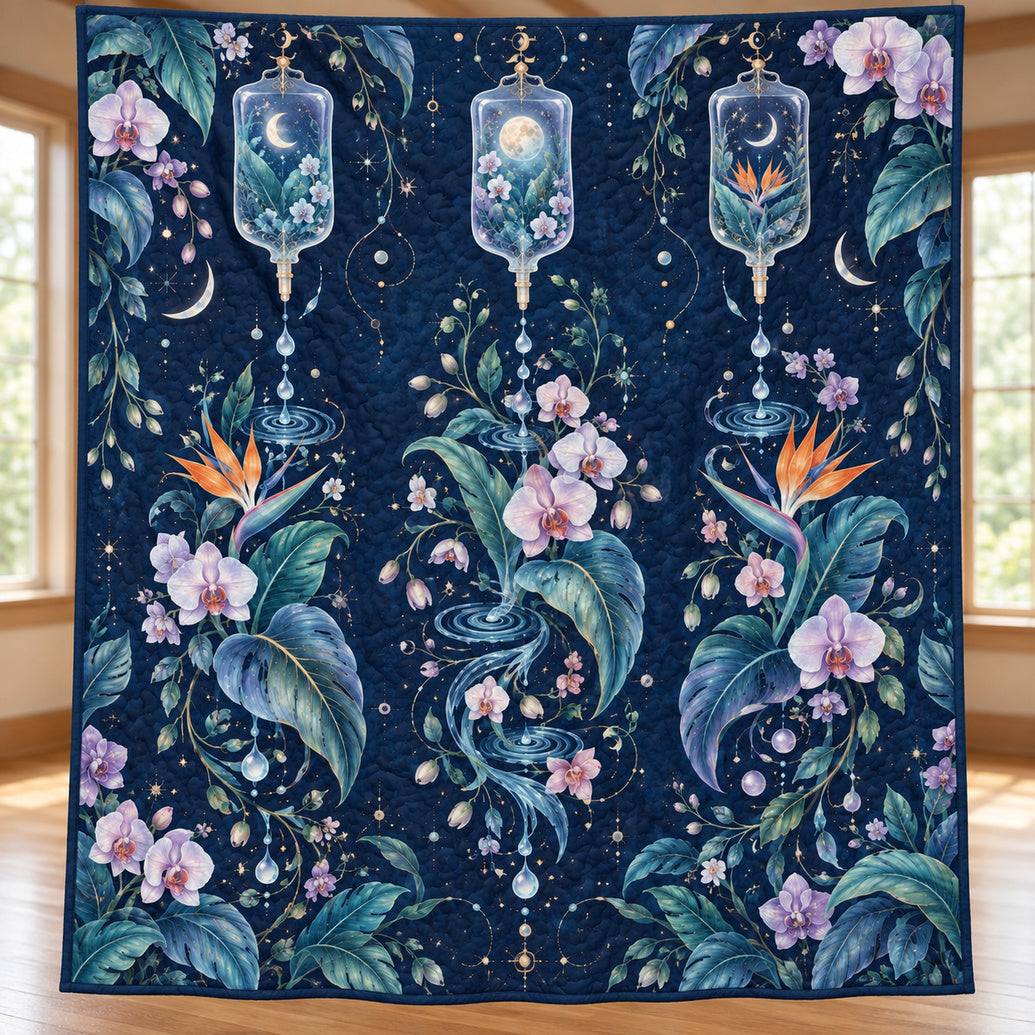 Indigo Drip Botanical Night Quilt Blanket