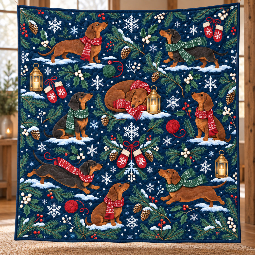 Midnight Dachshund Snow Walk Quilt Blanket