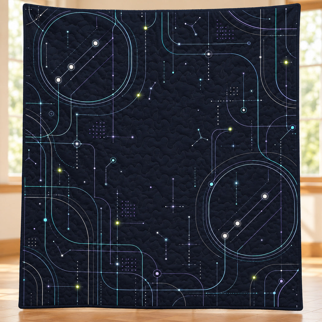 Midnight Neon Circuit Quilt Blanket