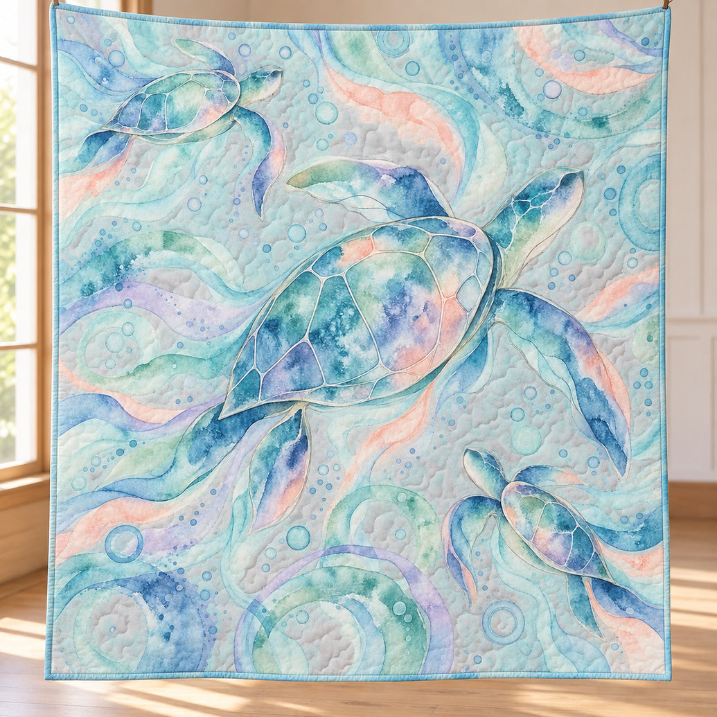 Tidal Watercolor Turtle Trails Quilt Blanket