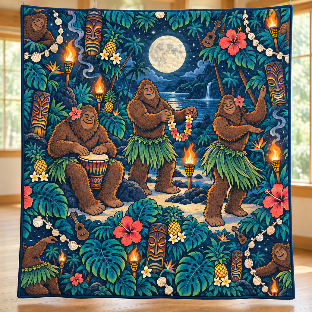 Sasquatch Tiki Moon Dance Quilt Blanket