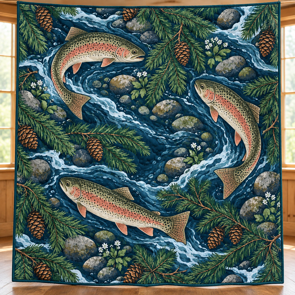 Rainbow Trout Pinefall Quilt Blanket