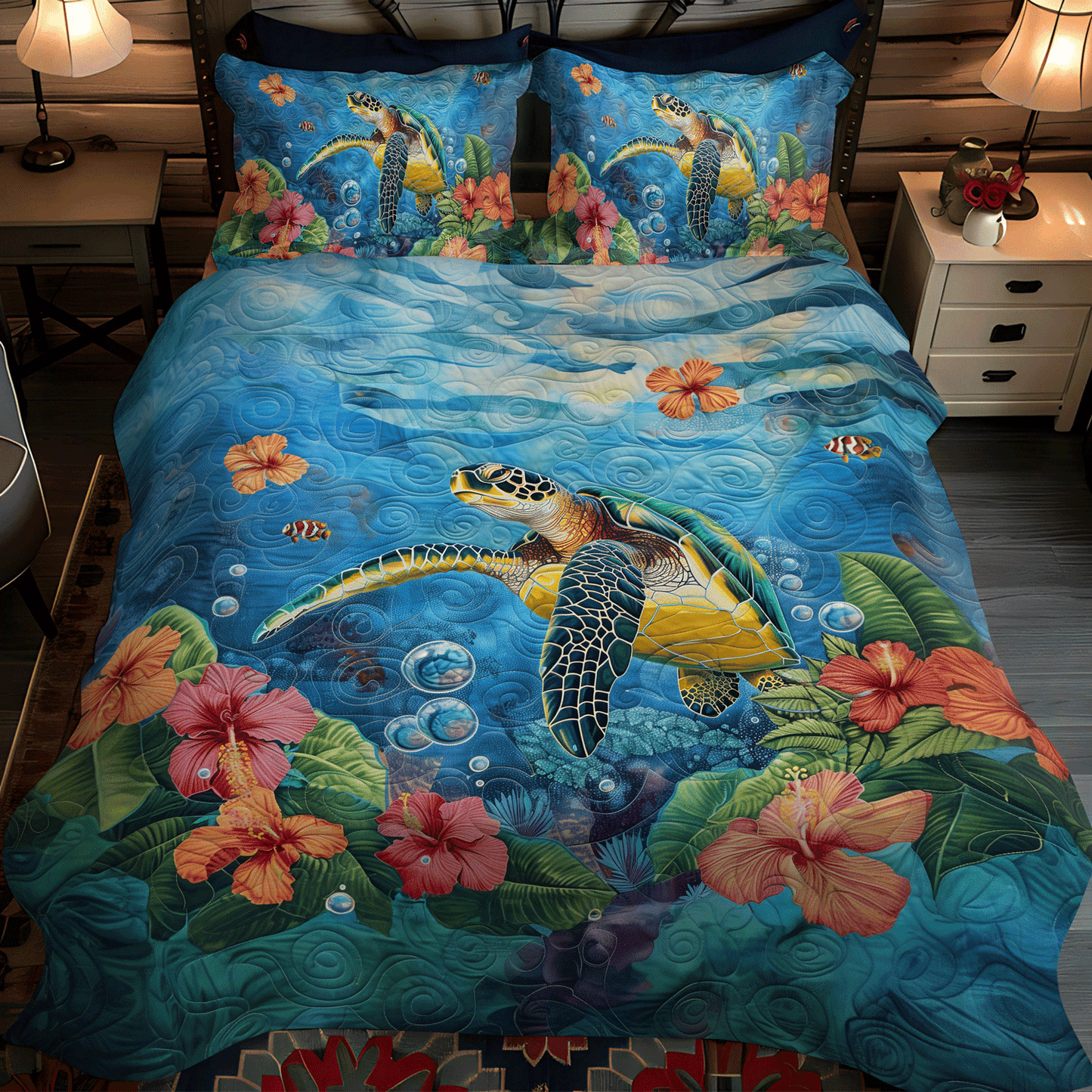 Ocean Turtle 3-Piece Quilted Bedding Set - Single (59" x 70")