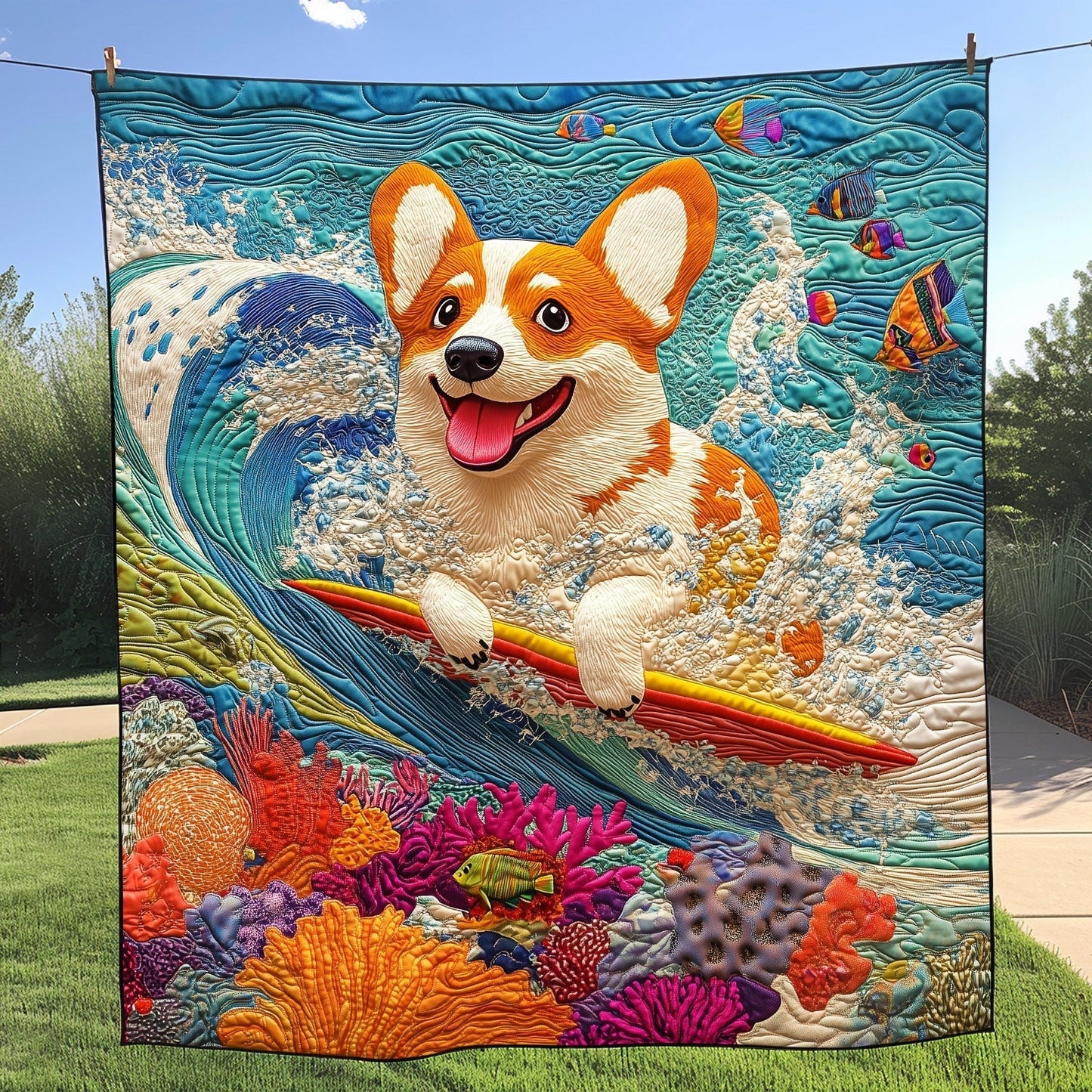 Ocean Corgi Ride Quilted Blanket - Throw (55" x 60")