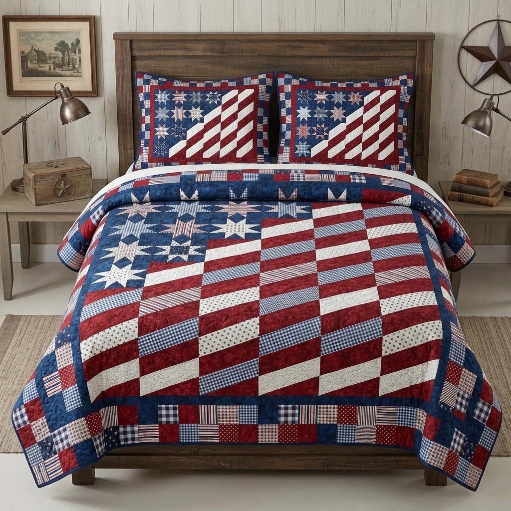 Old Glory Patch 3-Piece Quilted Bedding Set - Single (59" x 70")