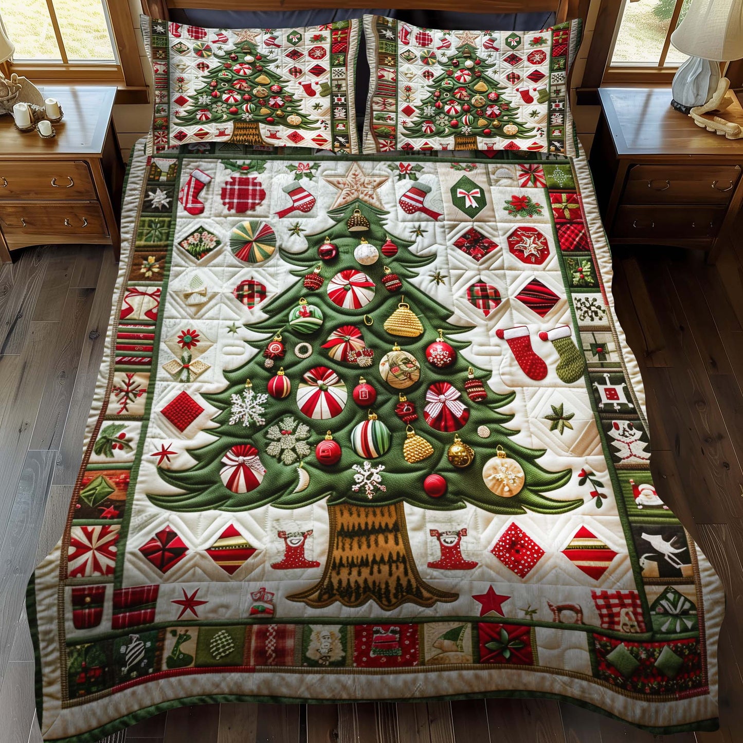 Ornamented Christmas Tree 3-Piece Quilted Bedding Set - Single (59" x 70")