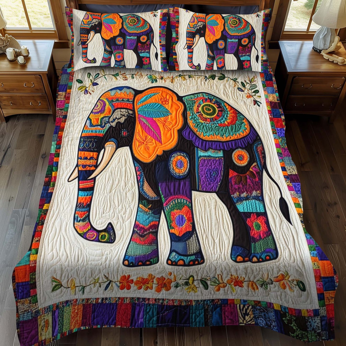 Ornate Elephant 3-Piece Quilted Bedding Set - Single (59" x 70")