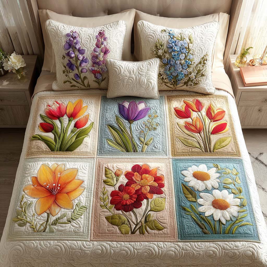 Patchwork Bloom 3-Piece Quited Bedding Set - Single (59" x 70")