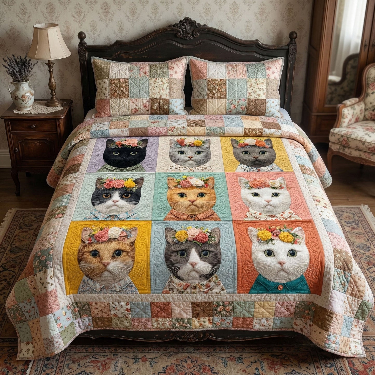 Patchwork Cat Garden 3-Piece Quilted Bedding Set - Single (59" x 70")