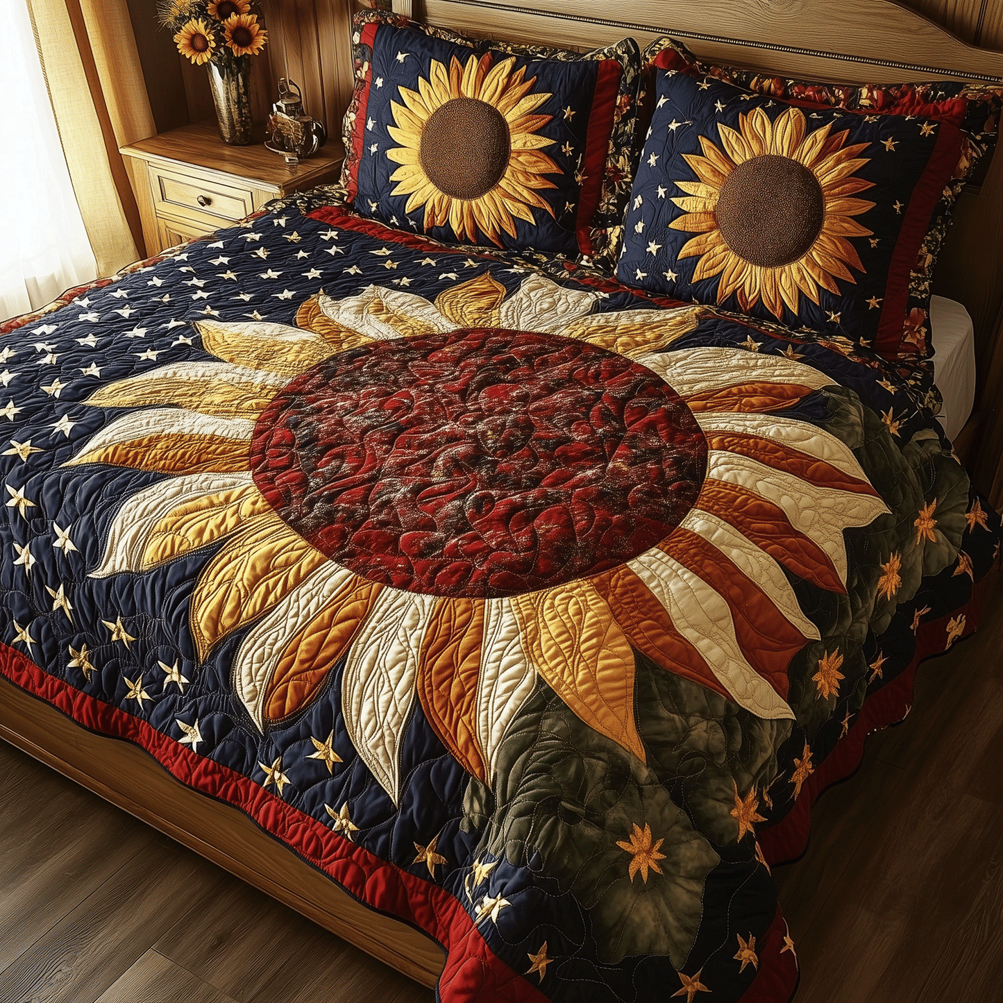 Patriotic Flower 3-Piece Quilted Bedding Set - Single (59" x 70")