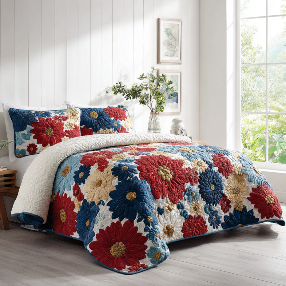Patriotic Petal Bloom 3-Piece Quilted Bedding Set - Single (59" x 70")