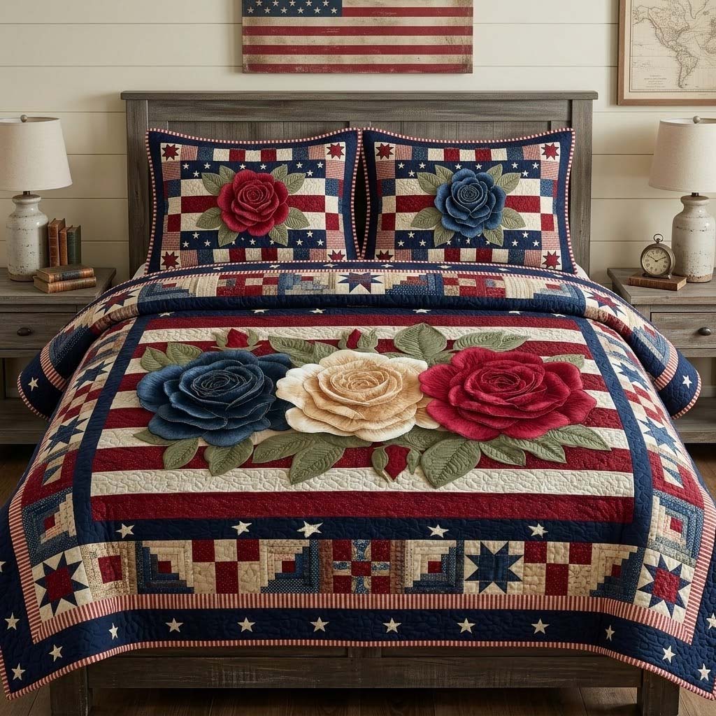 Patriotic Petals 3-Piece Quilted Bedding Set - Single (59" x 70")