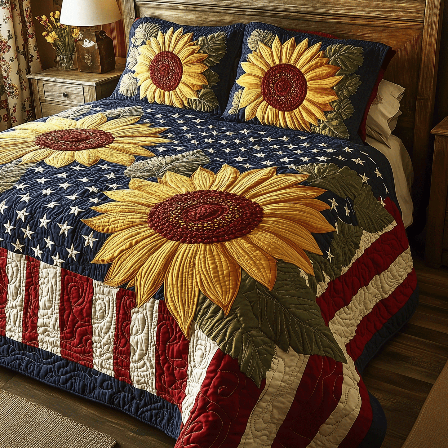 Patriotic Sunflower 3-Piece Quilted Bedding Set - Single (59" x 70")