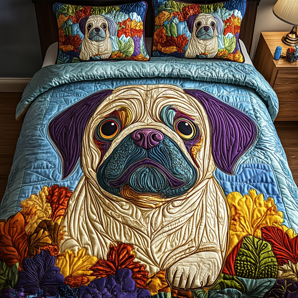 Pawsome Pug 3-Piece Quilted Bedding Set - Single (59" x 70")