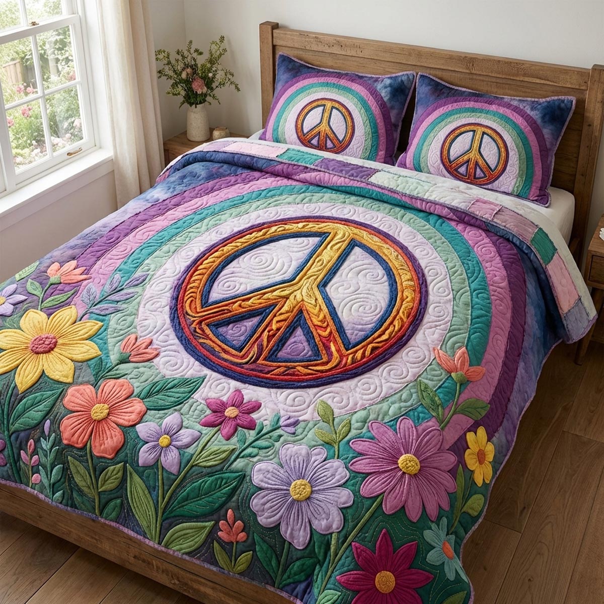 Peace Vibes 3-Piece Quilted Bedding Set - Single (59" x 70")