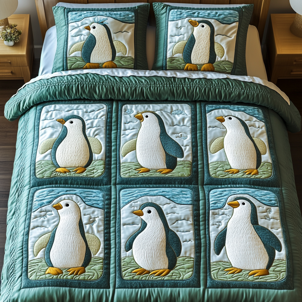 Penguin Parade 3-Piece Quilted Bedding Set - Single (59" x 70")