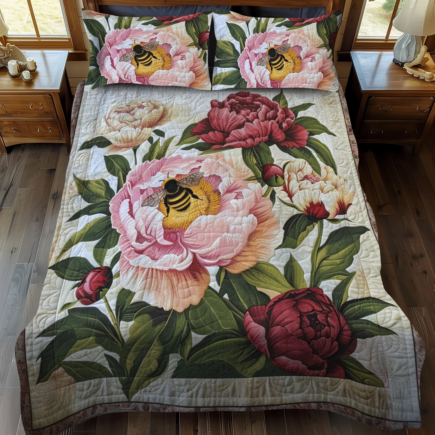 Peony Bee 3-Piece Quilted Bedding Set - Single (59" x 70")
