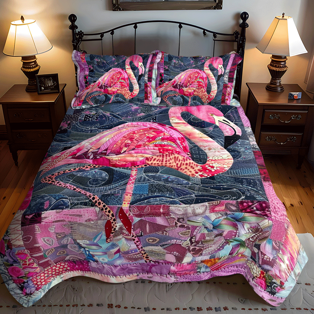 Pink Flamingo Haven 3-Piece Quilted Bedding Set - Single (59" x 70")
