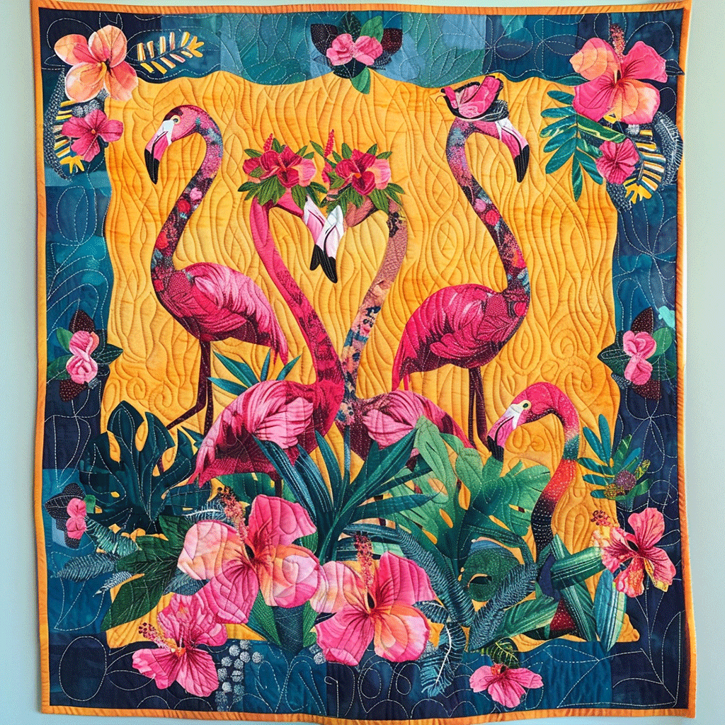 Pink Flamingo Haven Quilted Blanket - Throw (55" x 60")