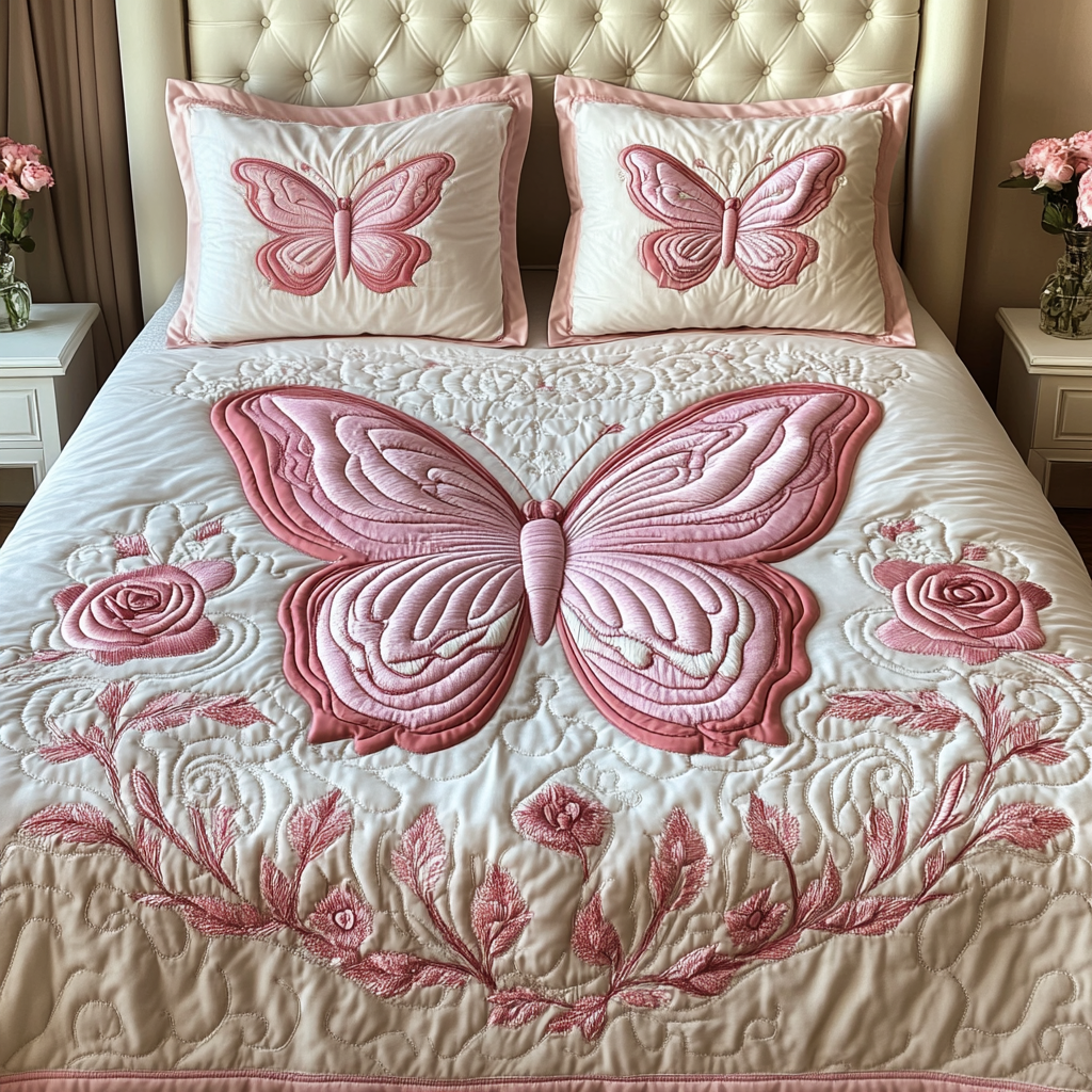 Pink Flutter 3-Piece Quilted Bedding Set - Single (59" x 70")