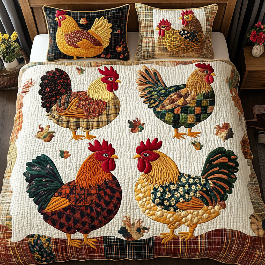 Plaid Chickens 3-Piece Quilted Bedding Set - Single (59" x 70")
