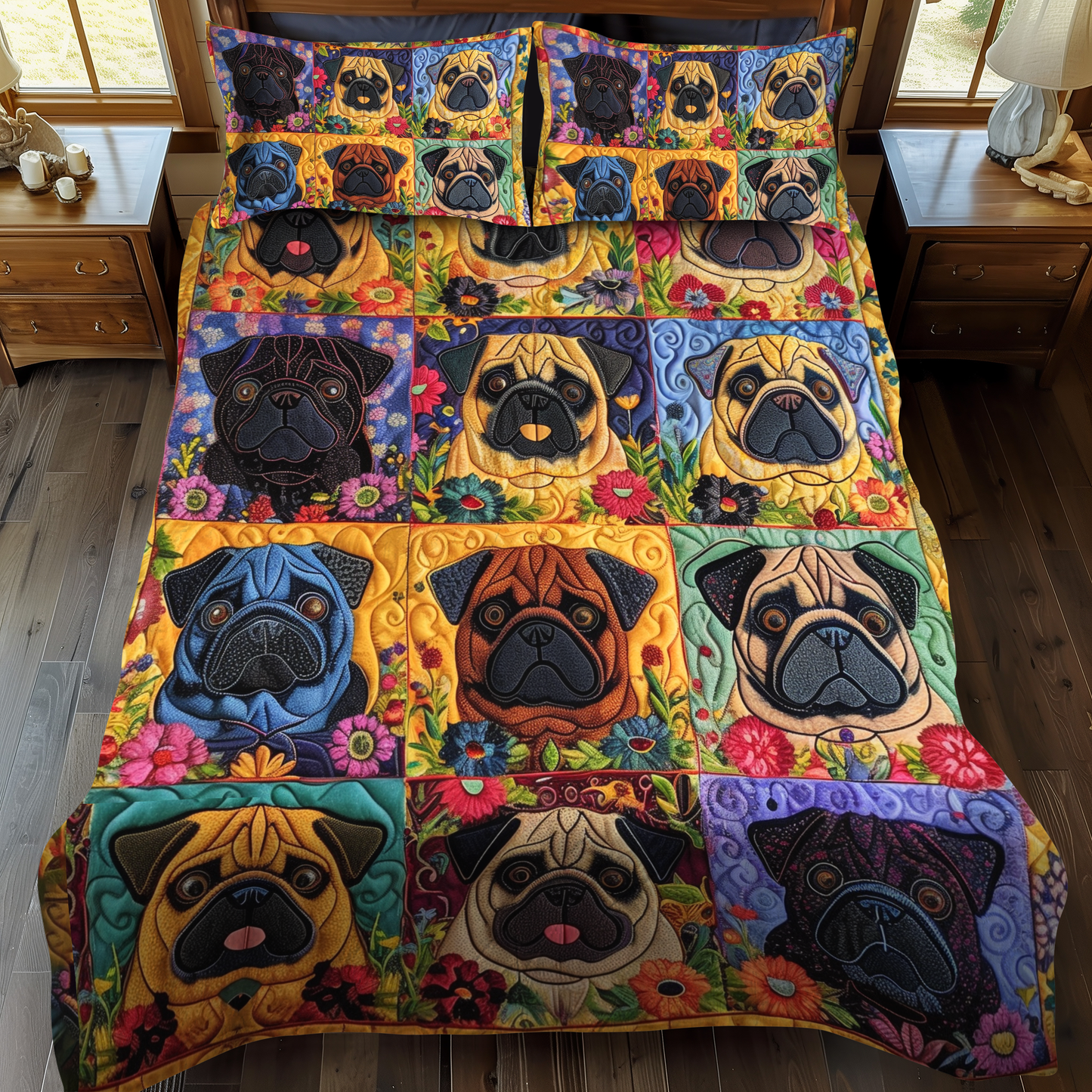 Playful Pugs 3-Piece Quilted Bedding Set - Single (59" x 70")