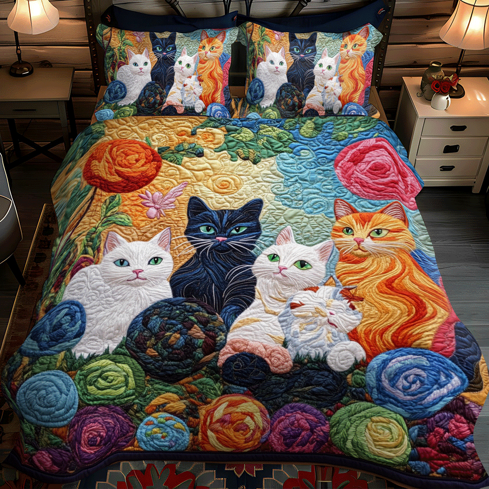 Playful Cats And Yarn 3-Piece Quilted Bedding Set - Single (59" x 70")