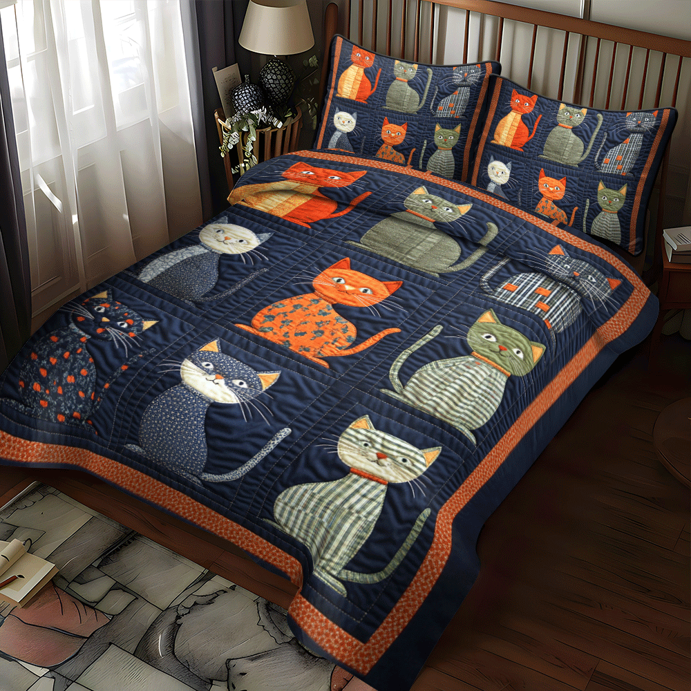 Playful Floral Cats 3-Piece Quilted Bedding Set - Single (59" x 70")