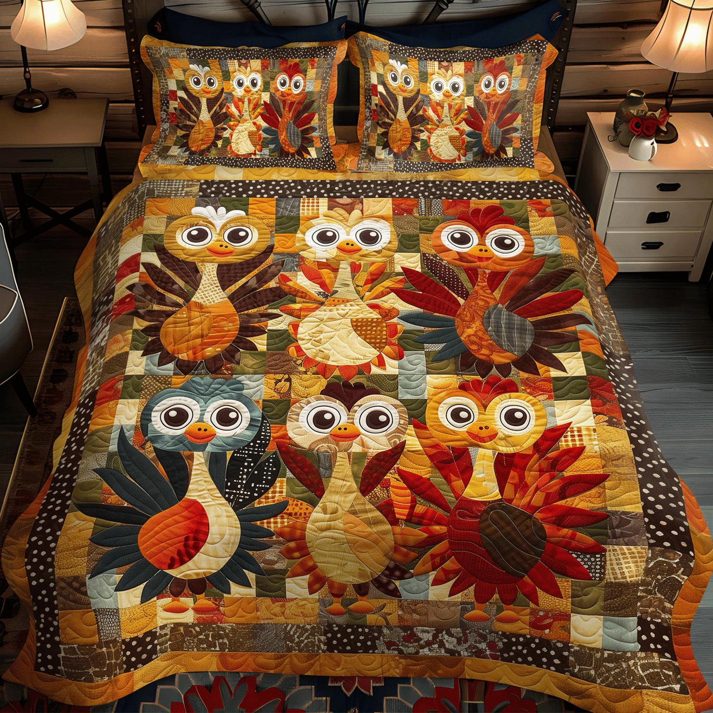 Playful Turkeys 3-Piece Quilted Bedding Set - Single (59" x 70")