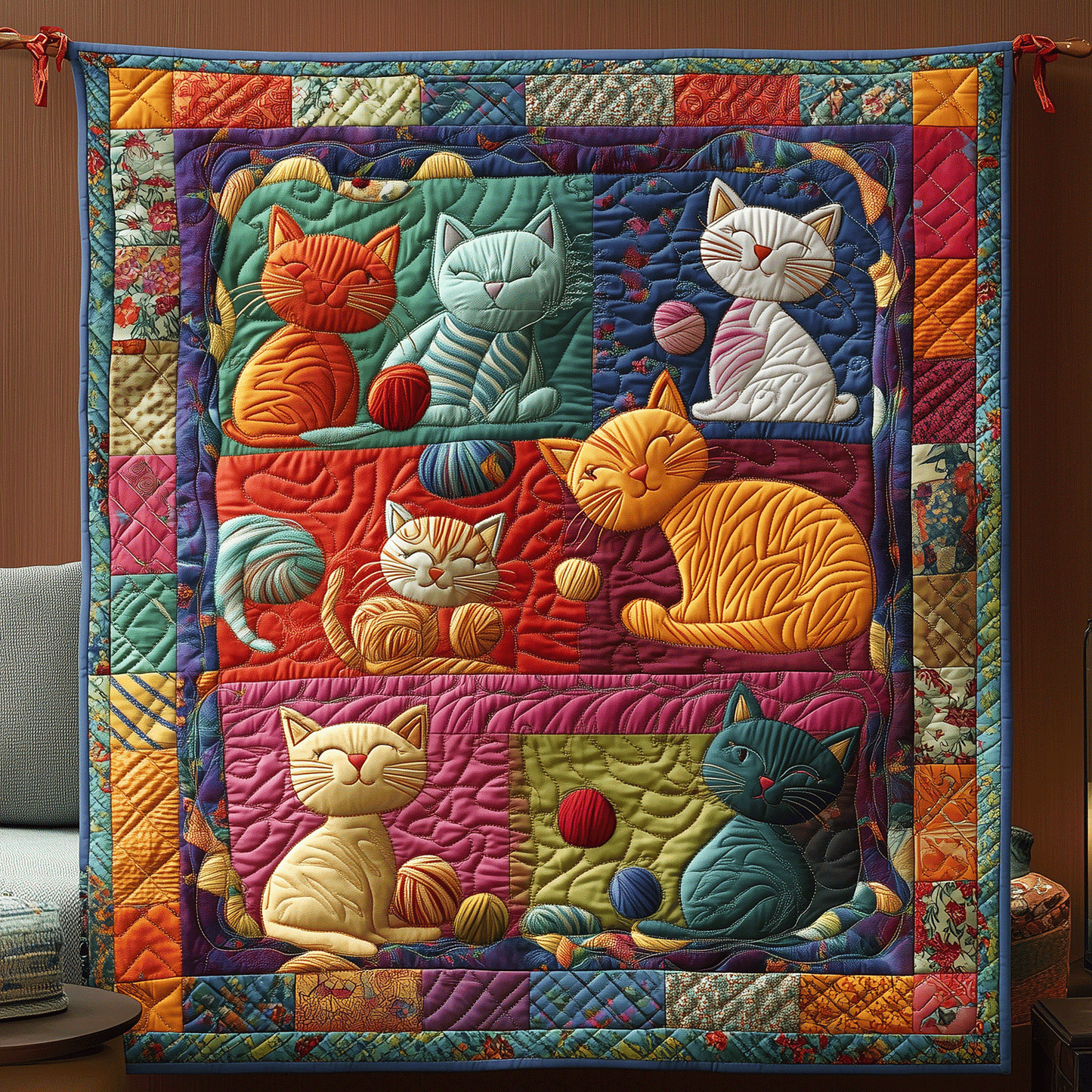 Playful Yarn Cats Quilted Blanket - Throw (55" x 60")
