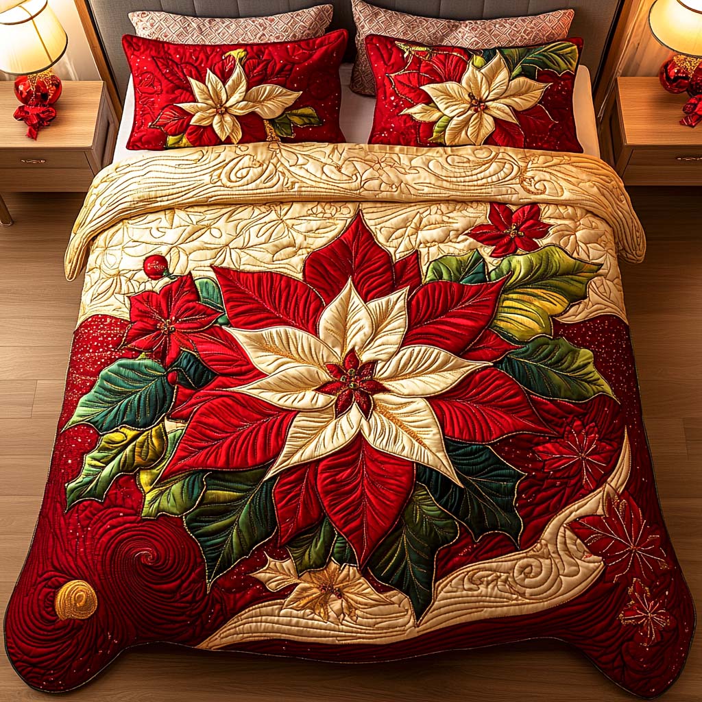 Poinsettia Glow 3-Piece Quilted Bedding Set - Single (59" x 70")