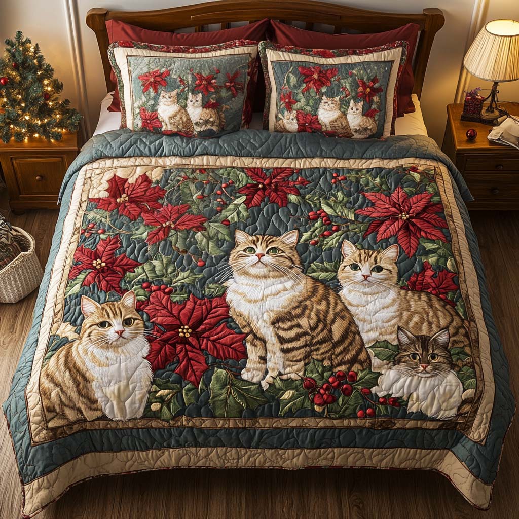 Poinsettia Pals 3-Piece Quilted Bedding Set - Single (59" x 70")
