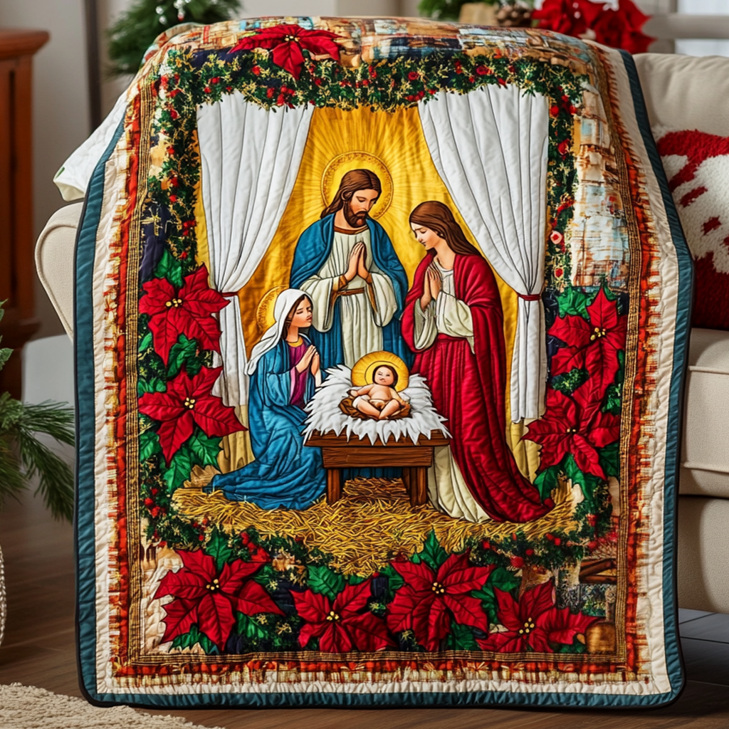 Poinsettia Nativity Quilted Blanket - Throw (55" x 60")
