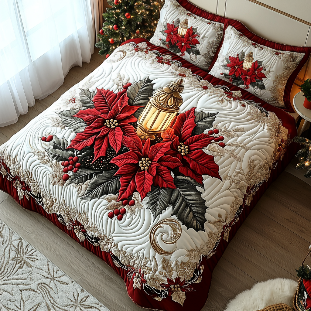 Poinsettia Warmth Quilted Bedding Set - Single (59" x 70")