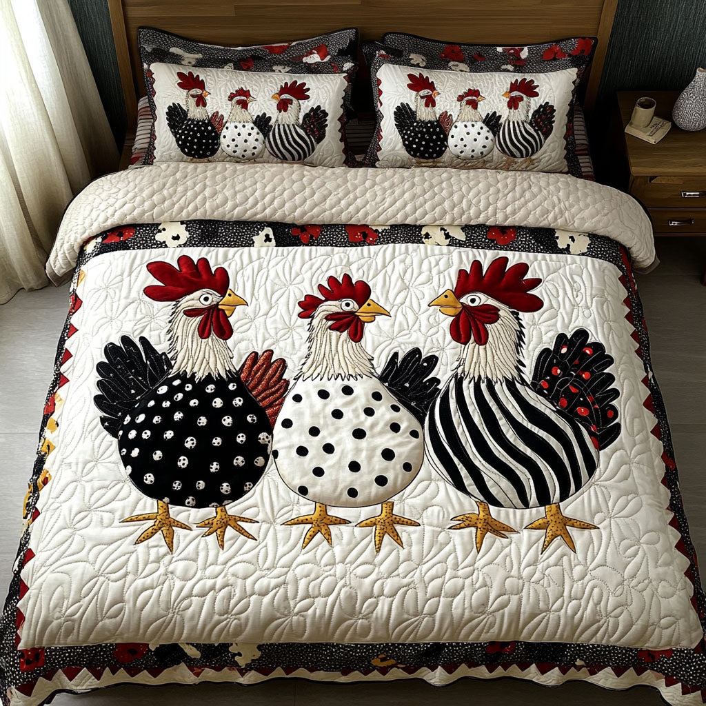 Polka Dotted Hens 3-Piece Quilted Bedding Set - Single (59" x 70")