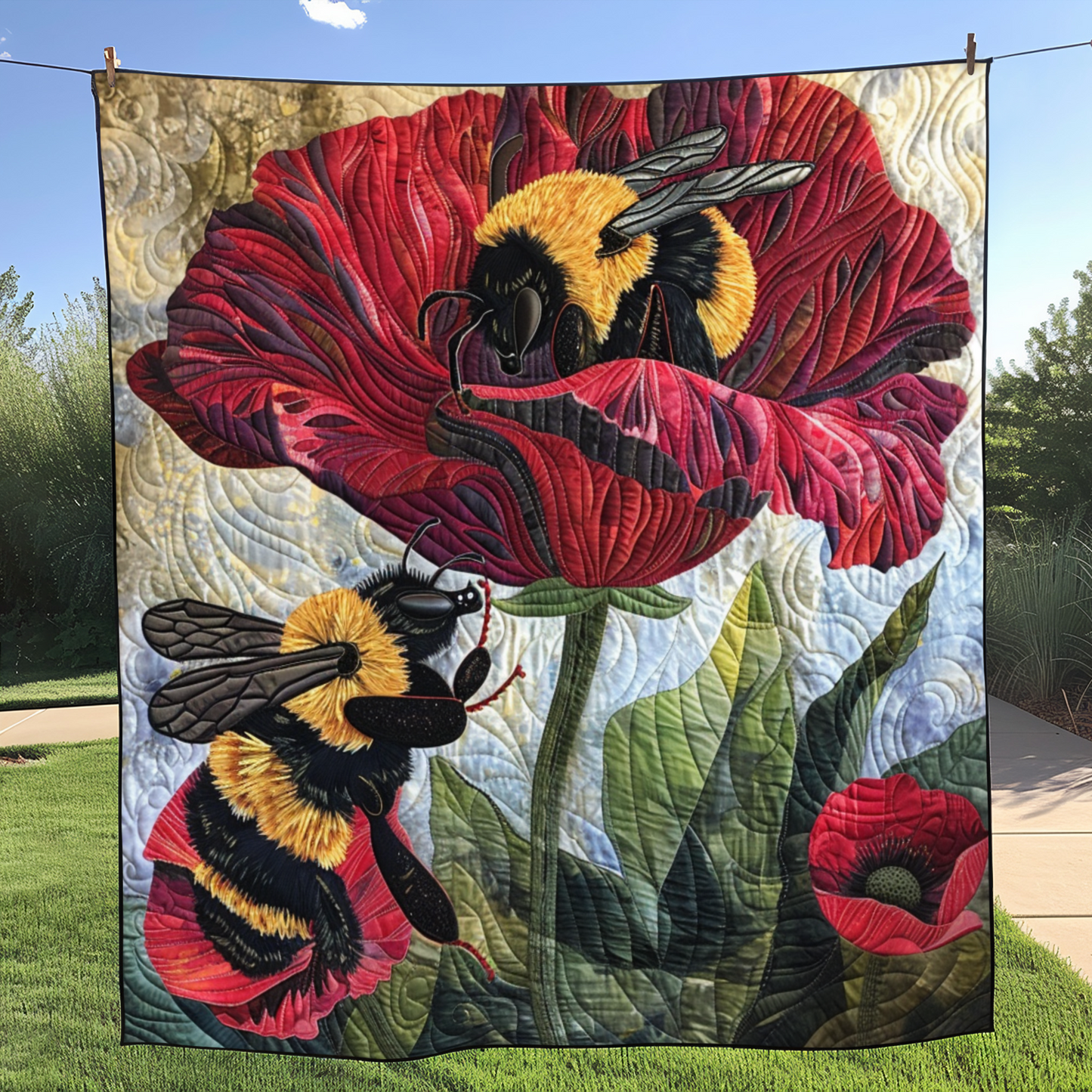 Poppy Bees Quilted Blanket - Throw (55" x 60")