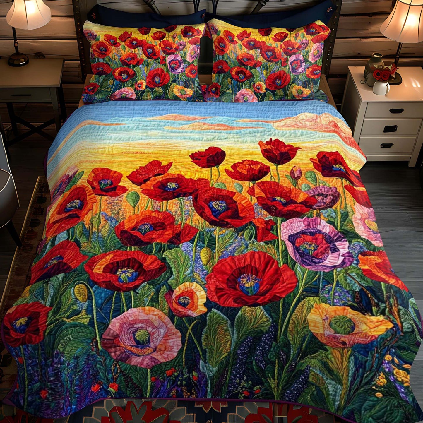 Poppy Field 3-Piece Quilted Bedding Set - Single (59" x 70")