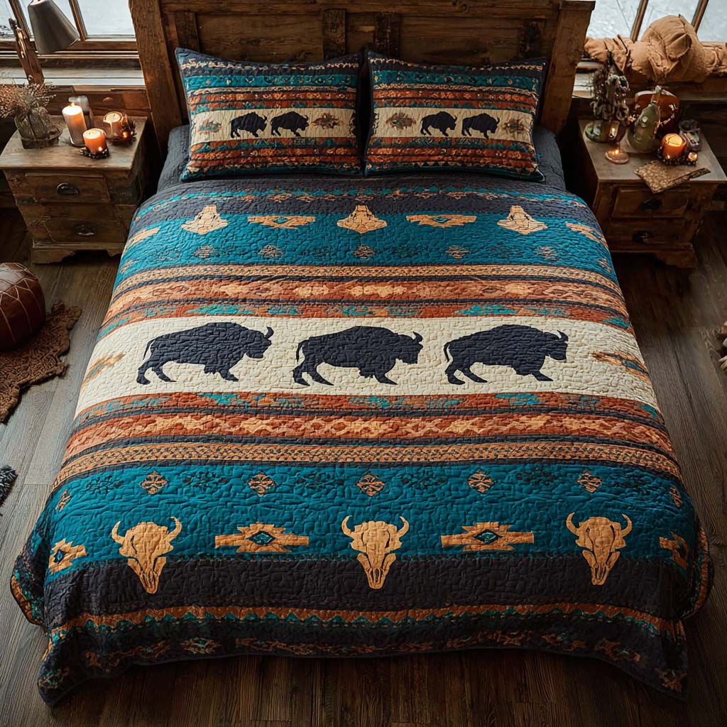 Prairie Bison Line 3-Piece Quilted Bedding Set - Single (59" x 70")