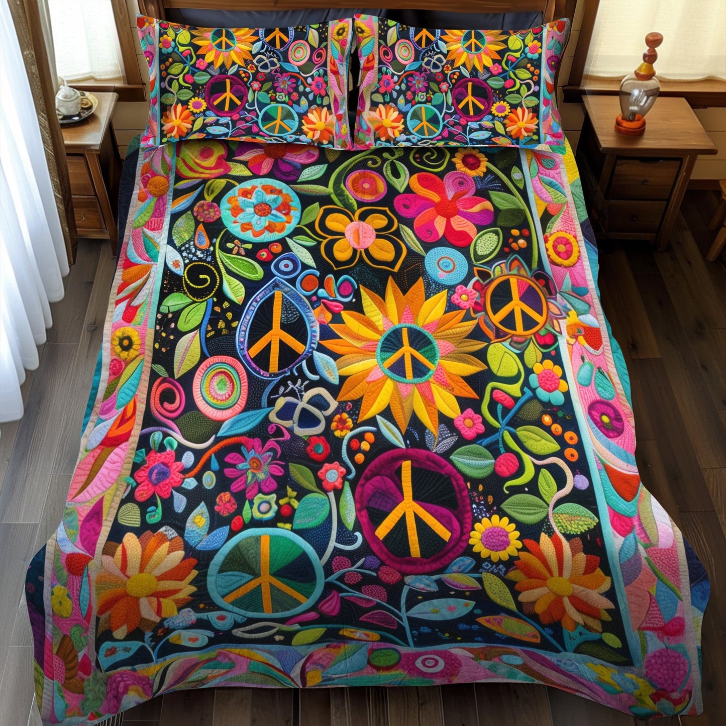 Psychedelic Peace 3-Piece Quilted Bedding Set - Single (59" x 70")
