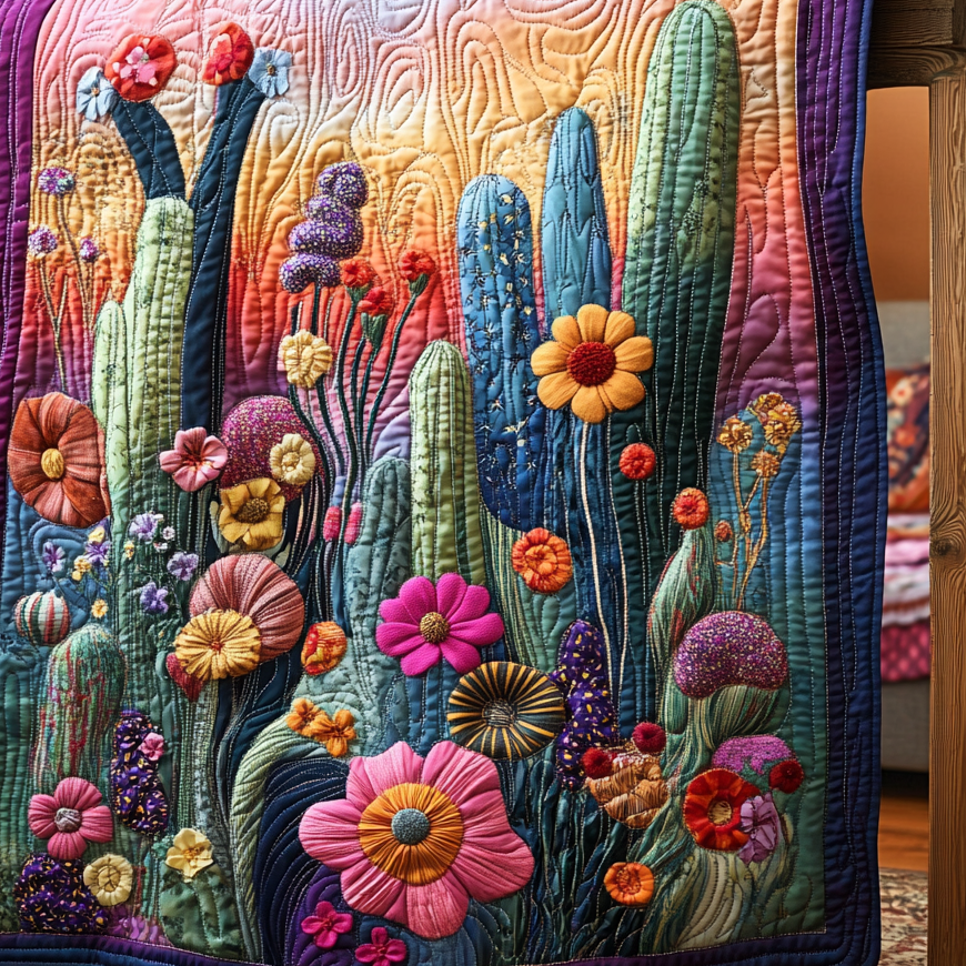Psychedelic Cactus Quilted Blanket - Throw (55" x 60")