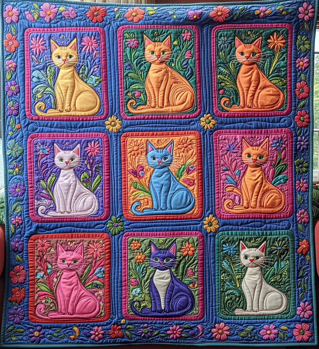 Psychedelic Cat Quilted Blanket - Throw (55" x 60")