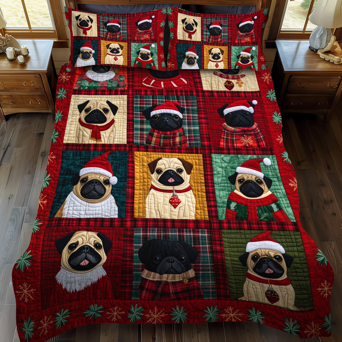 Pug Christmas Cuddles 3-Piece Quilted Bedding Set - Single (59" x 70")