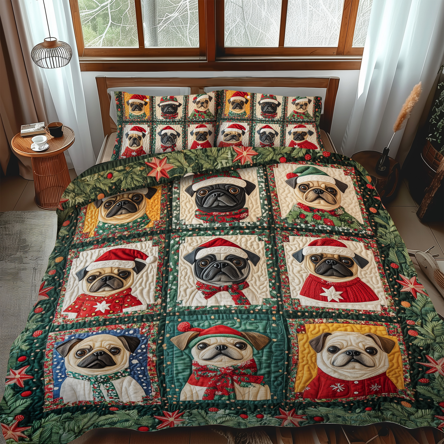 Pug Christmas Tree Snuggle 3-Piece Quilted Bedding Set - Single (59" x 70")