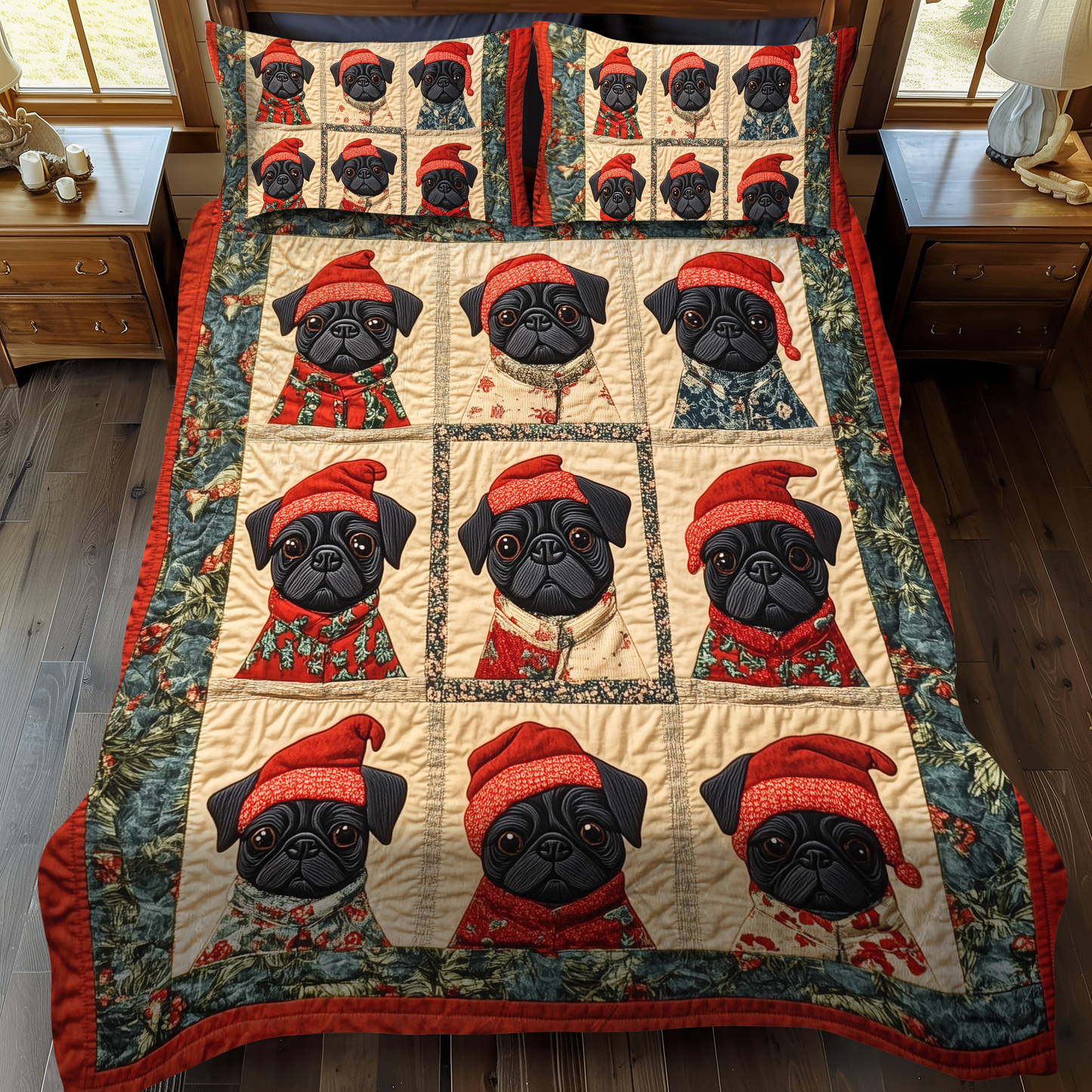 Pug Frosty Fun 3-Piece Quilted Bedding Set - Single (59" x 70")