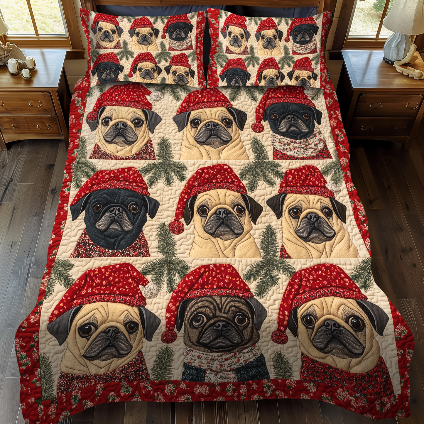 Pug Holiday Joy 3-Piece Quilted Bedding Set - Single (59" x 70")