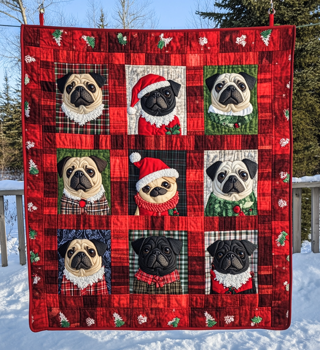 Pug Snowy Adventure Quilted Blanket - Throw (55" x 60")